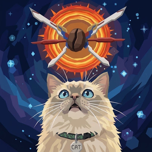 A fluffy cat with blue eyes gazes up at a coffee bean flanked by Burning robot inspired blades inside a glowing ring of fire.